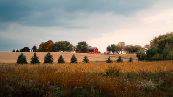 Scenic view of Midwest country farmland in Union, IL during autumn harvest stock photo